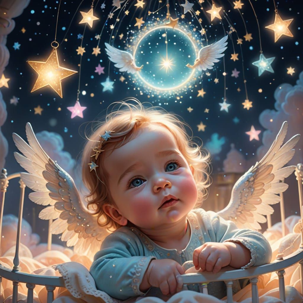 Whimsical Baby in a Soft Focus Crib Scene with Glowing Halo ...