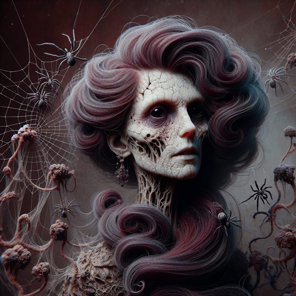 Ethereal Woman Weaves with Dark Spiderwebs in Realistic Port...
