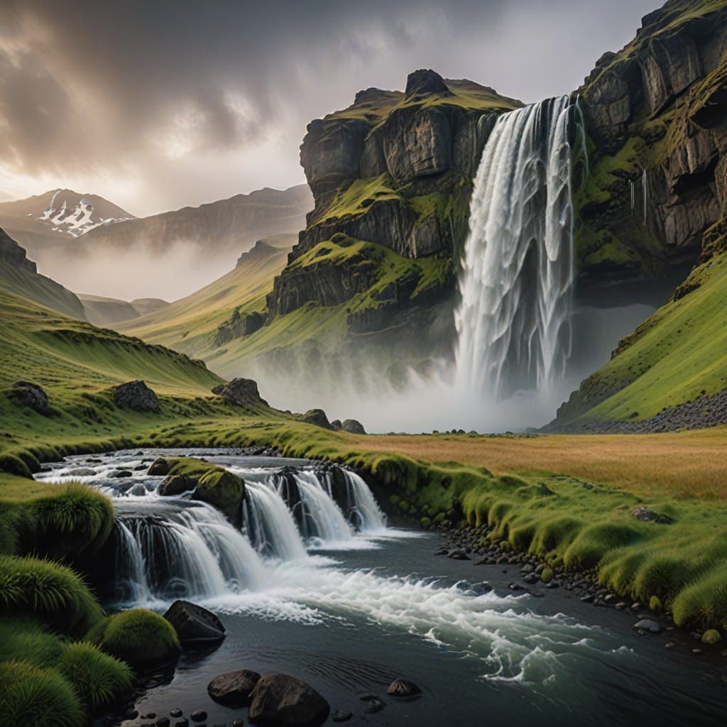 Please generate an image for kirkjufellsfoss waterfall in Iceland.

The photo should include the following:
* Lush green...