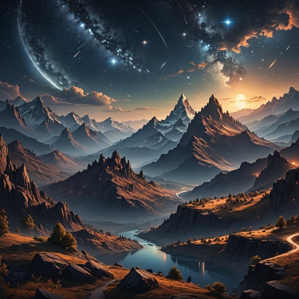 Mountainous Horizon Under Starry Night Sky