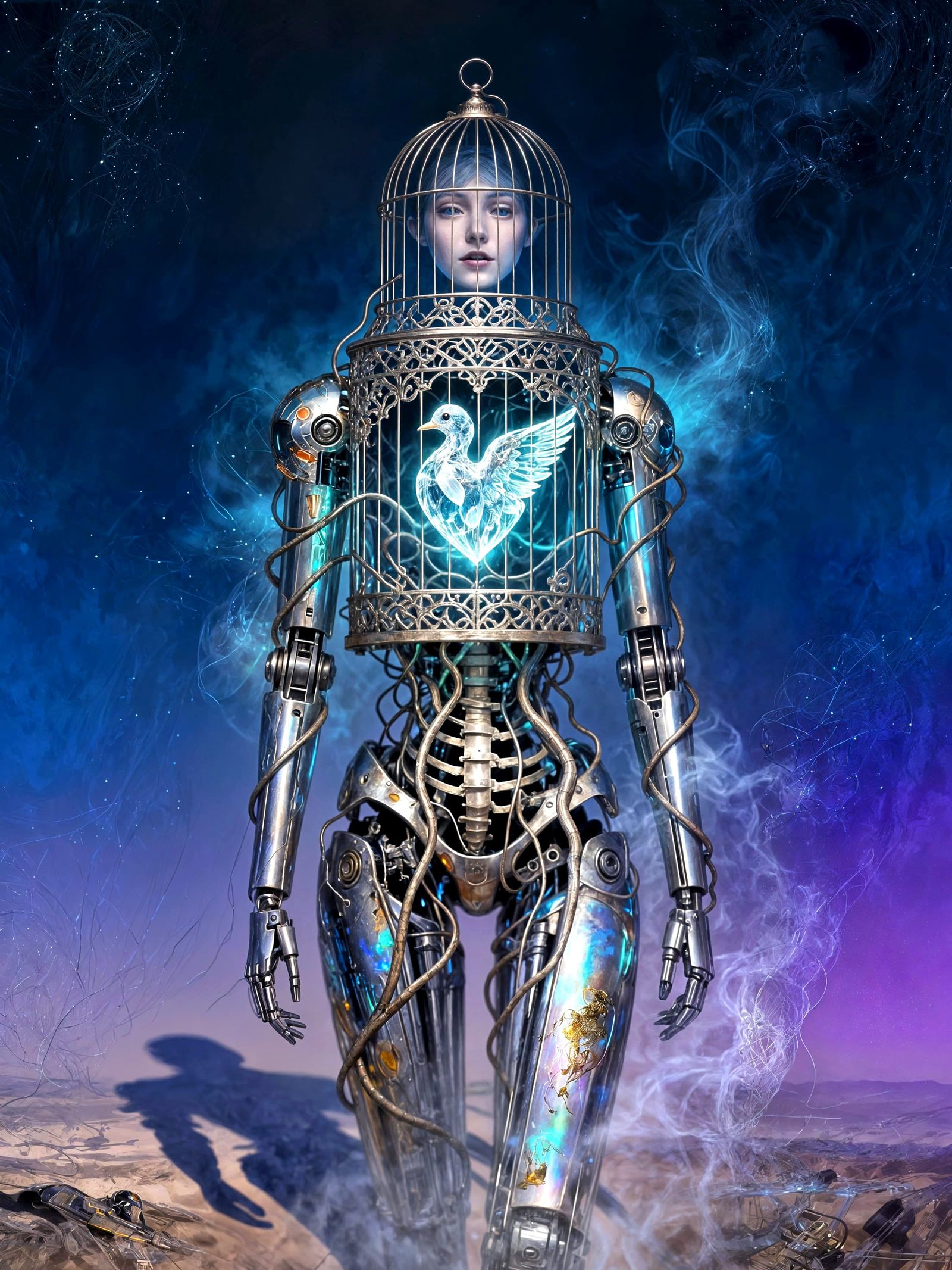 Surreal Android with Glowing Bird Heart in Ethereal Sci-Fi