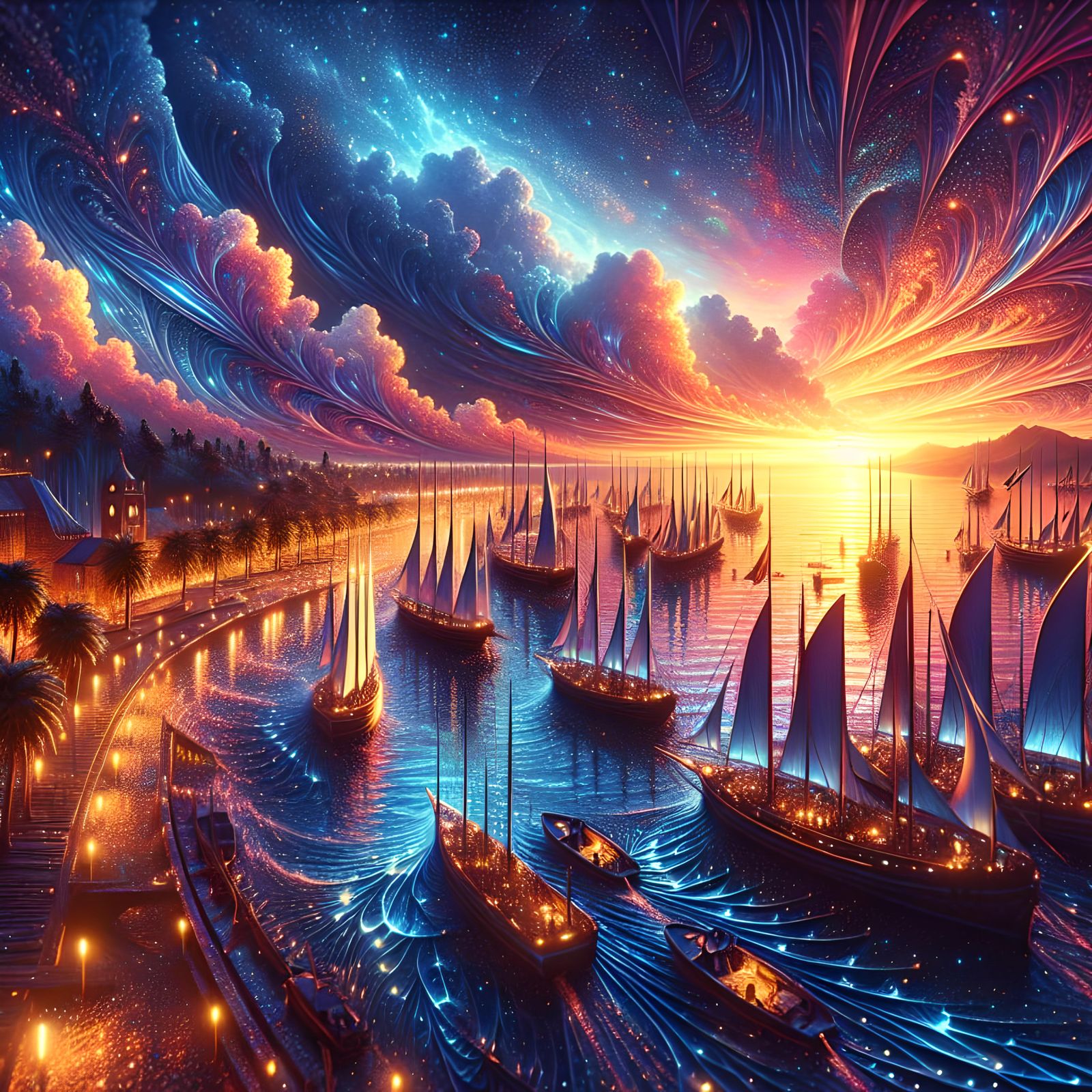 fantasy amazing harbour full of hyper beautiful boats shimme...