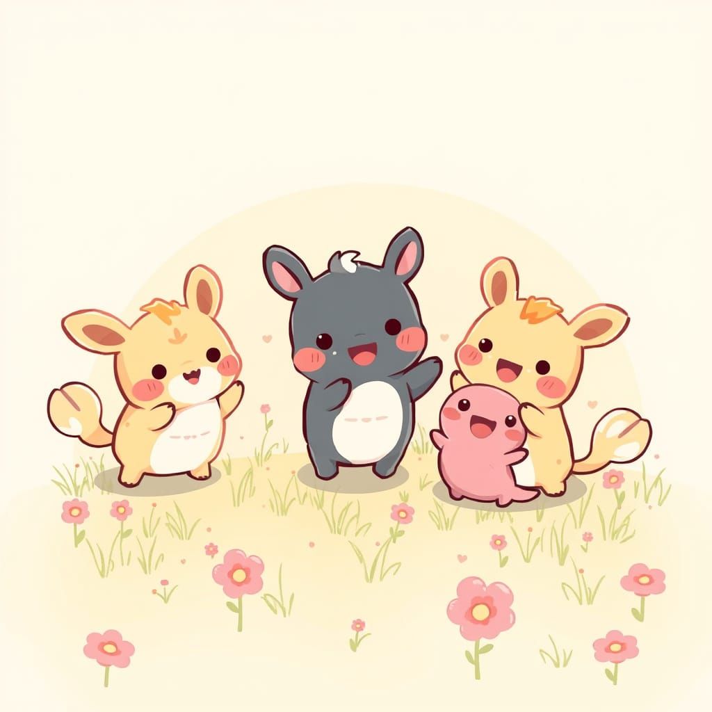 Kawaii Creatures Play in Sunny Field