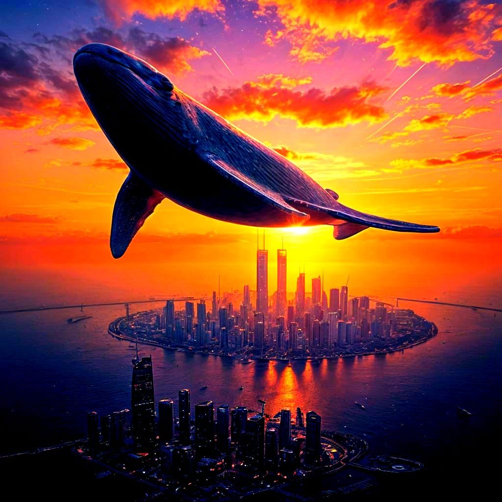 Surreal Crystal Whale Over Futuristic Ocean City Sunset
