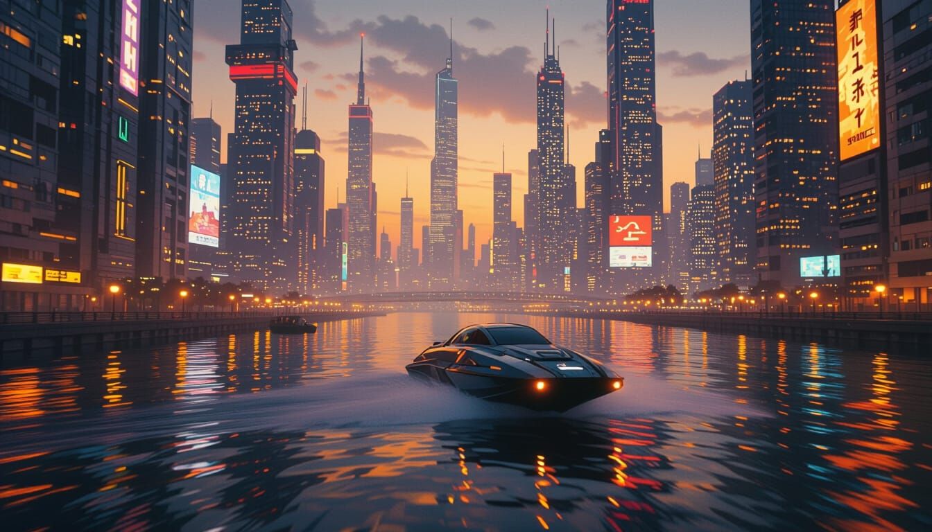 Cyberpunk Speedboat at Night in Futuristic City