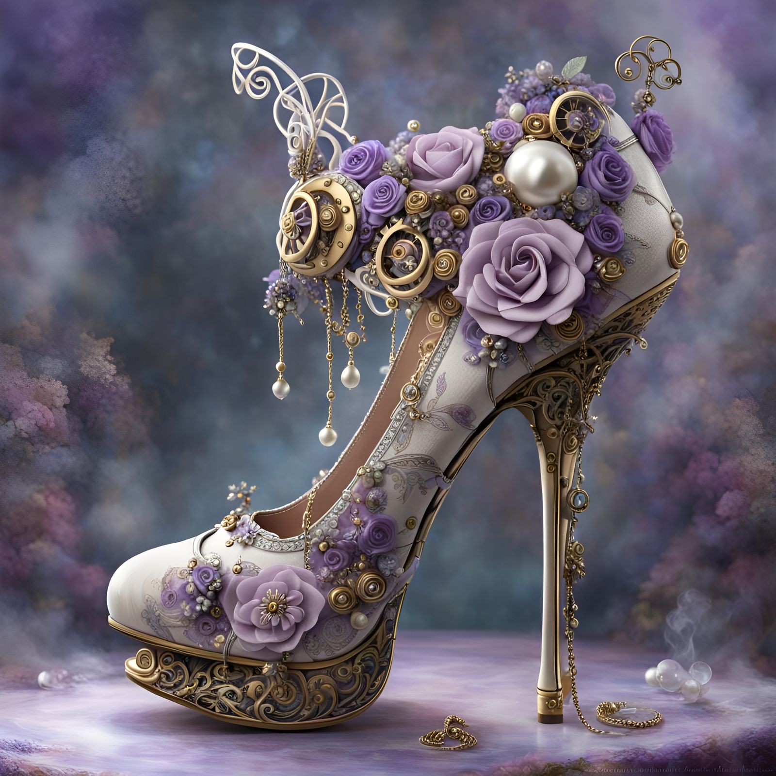 Steampunk Stiletto High Heel with Flowers and Pearls