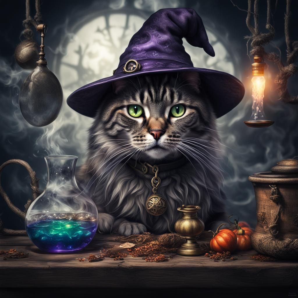 Cat Witch Brews Potion with Intricate Details