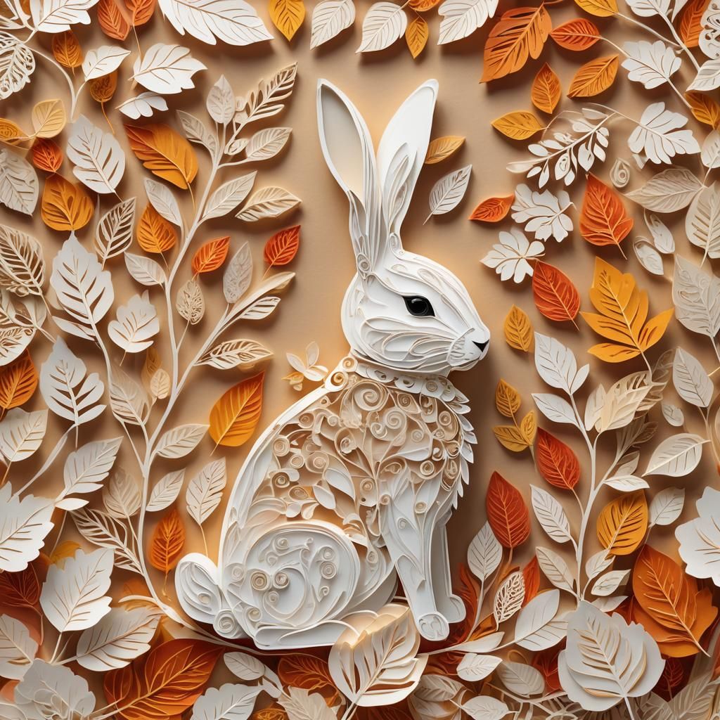 Cute Papercraft Bunny with Autumn Leaves