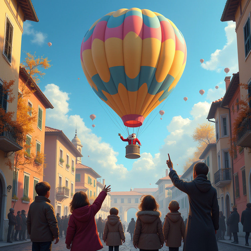 Children Gaze at Balloon in Italian Square, Digital Art