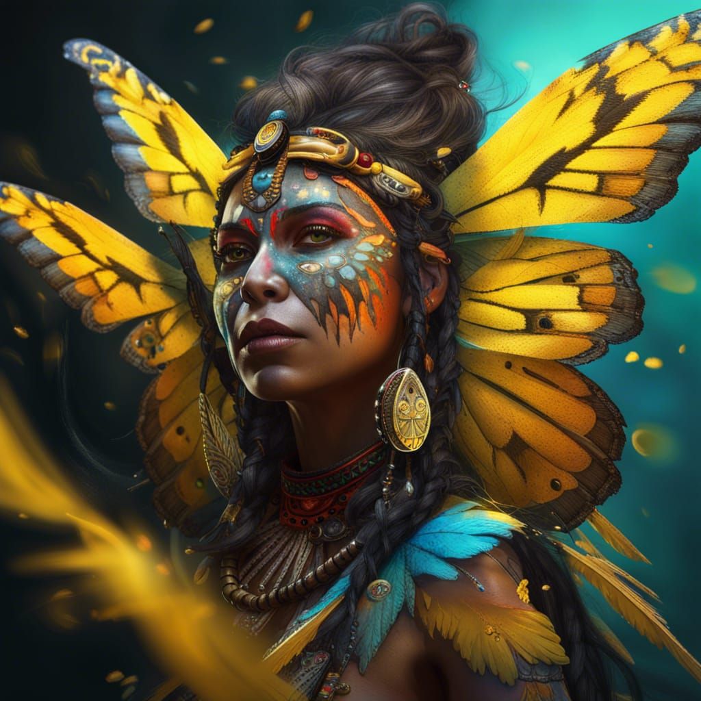 Butterfly-Winged Shaman Woman in Flight: Hyperrealistic Art