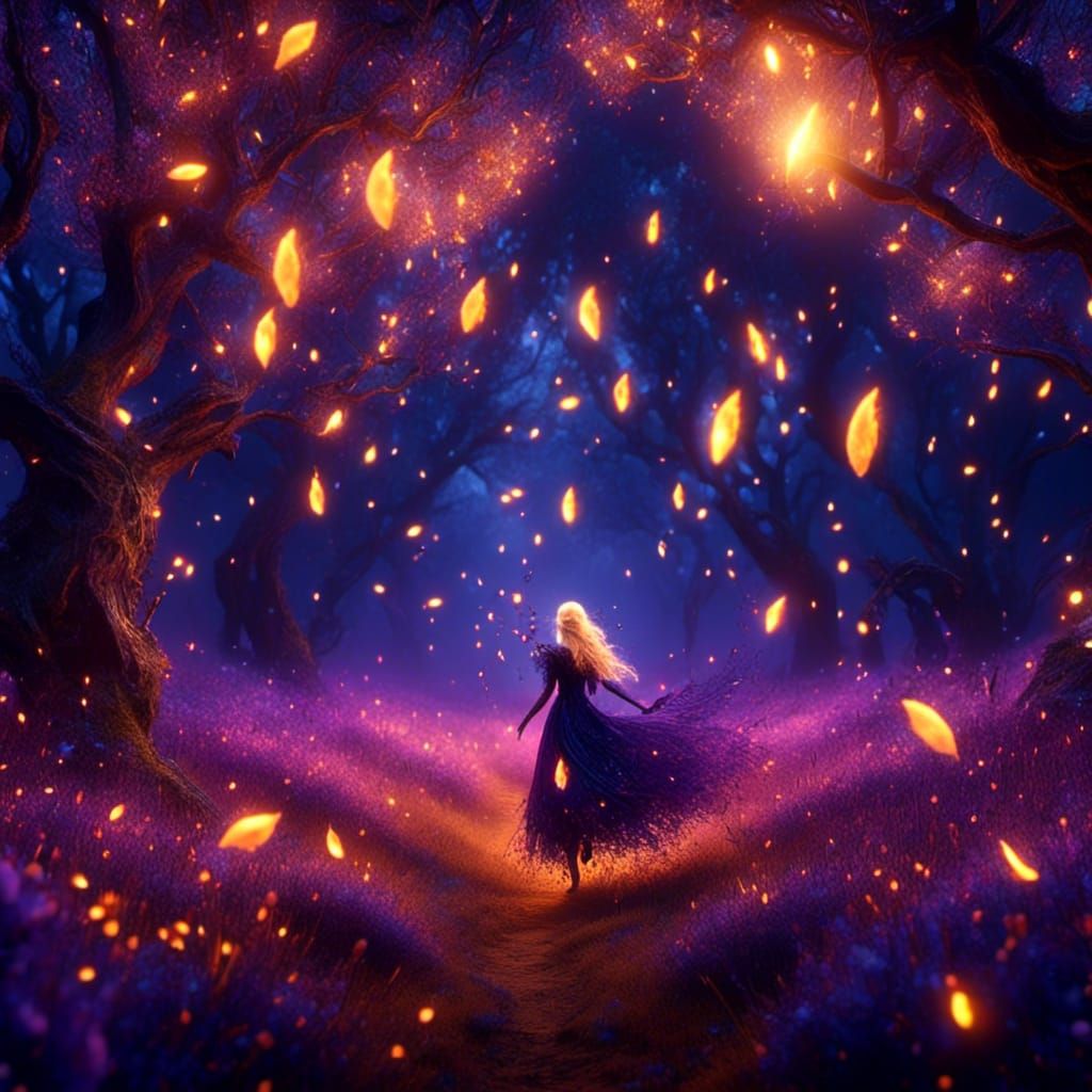 Art Nouveau Woman in Firefly Field at Sunset