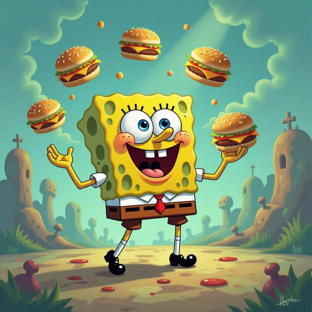 Spongebob Squarepants, depicted in a surreal, dreamlike land...
