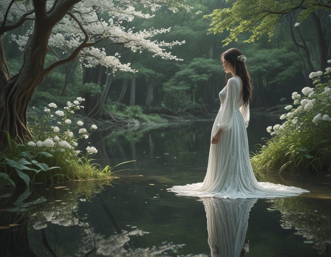 Ethereal Girl Contemplates Serene Lake in 3D Anime Style