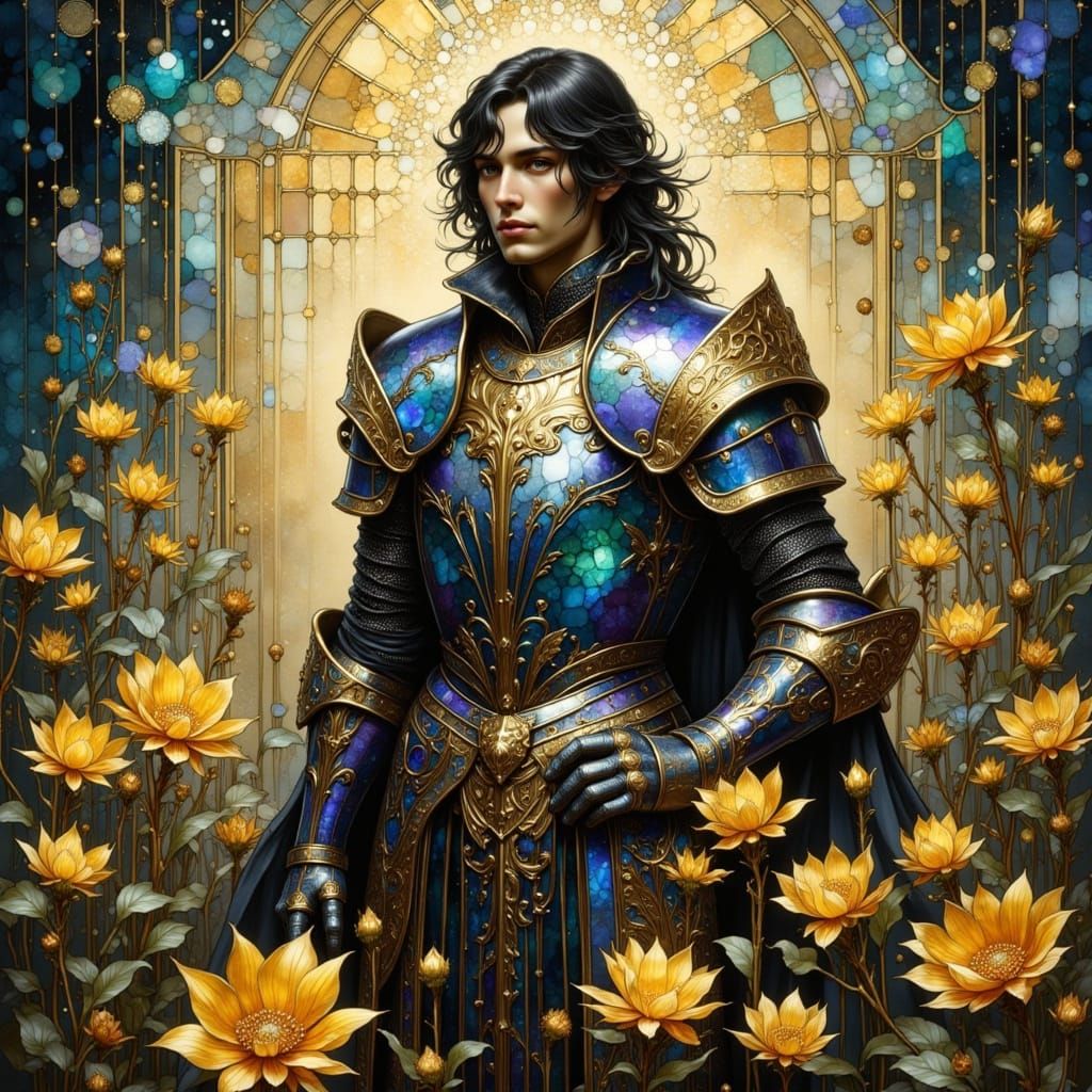 Shimmering Knight in Art Nouveau Flower Field