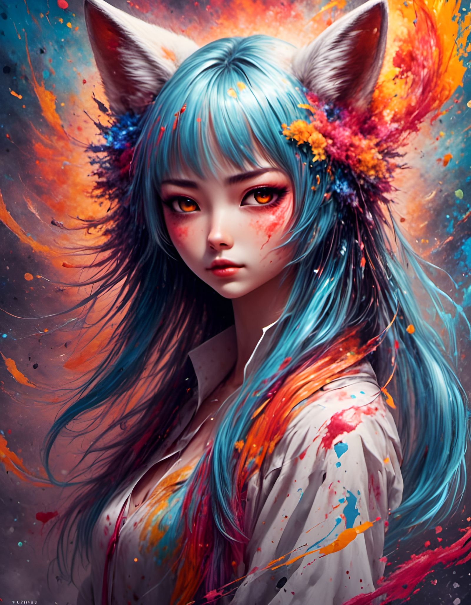 Vibrant Kitsune Girl in Surreal Setting