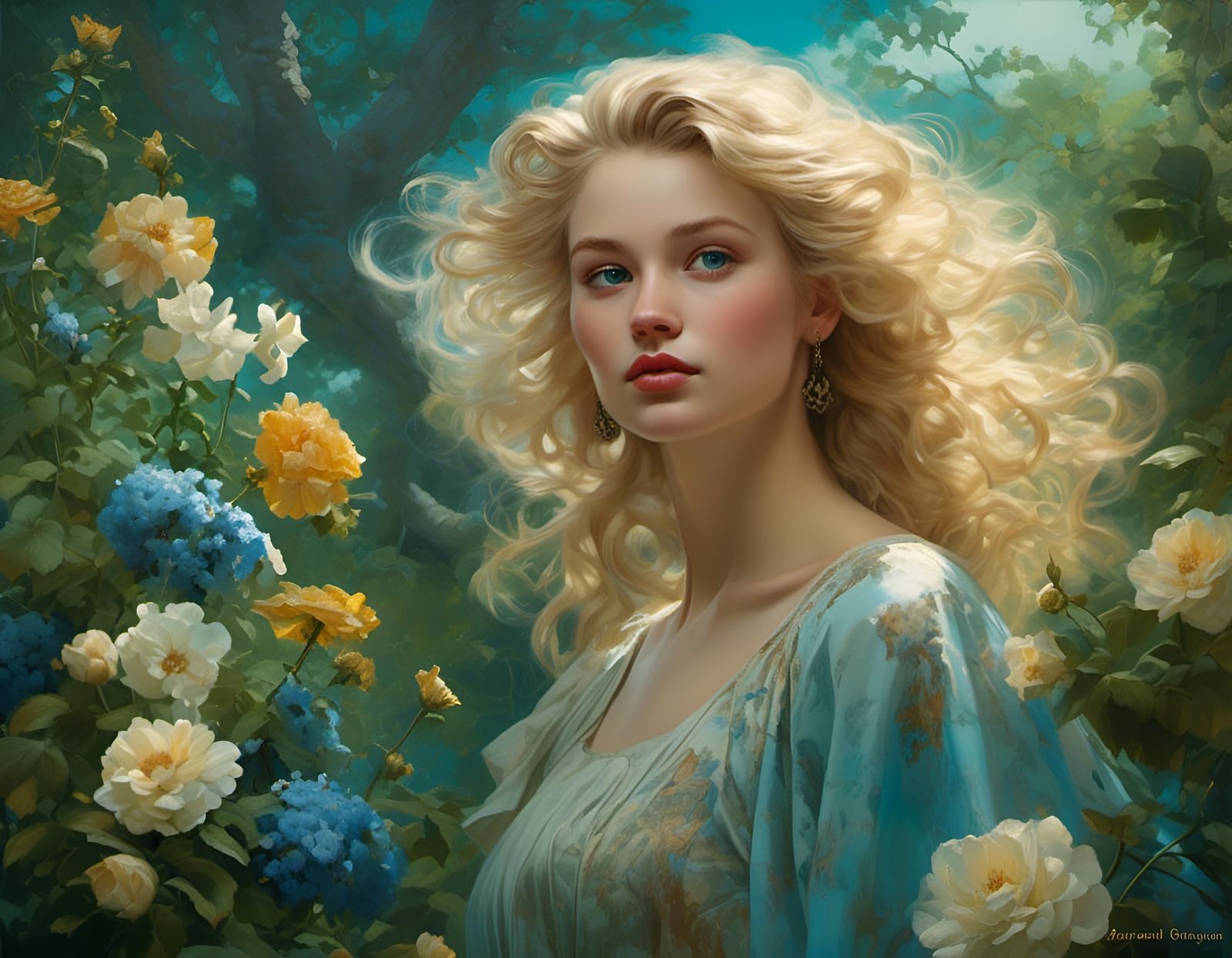Hyperrealistic Blonde Woman in Lush Twilight Garden