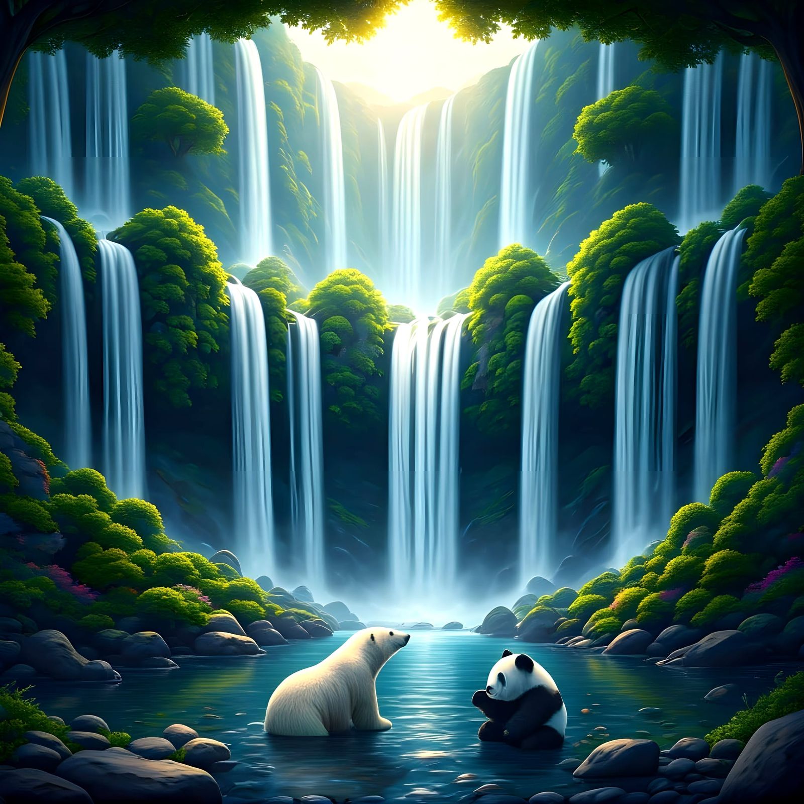 Majestic Waterfalls in Ethereal Light, Polar Bear and Panda ...