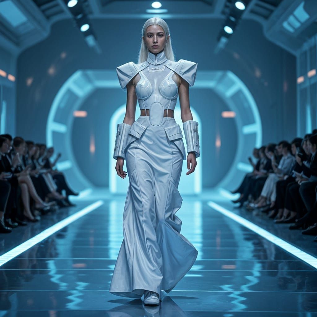 Futuristic Russian Woman in High-Tech Fashion Show