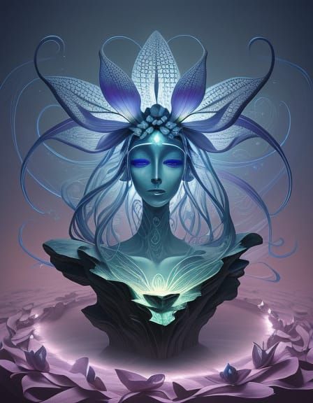 Giant Orchid Statue with Ethereal Face, Surreal Art