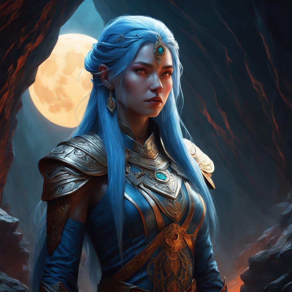 Warrior Priestess With Blue Hair and Red Eyes in Moonlit Cav...