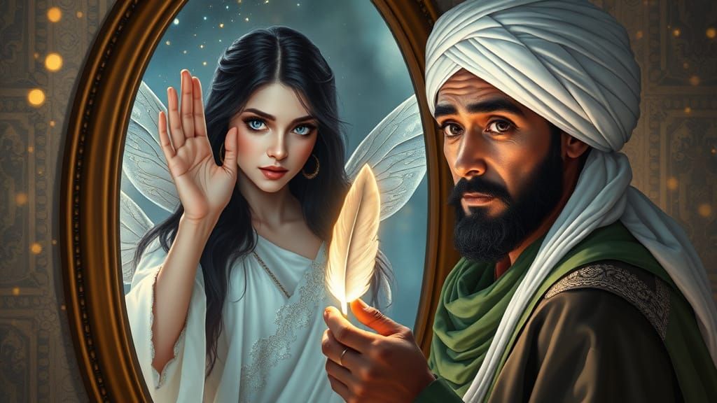 Ancient-Style Fairy Confronts Adventurer in Radiant 4K Illus...