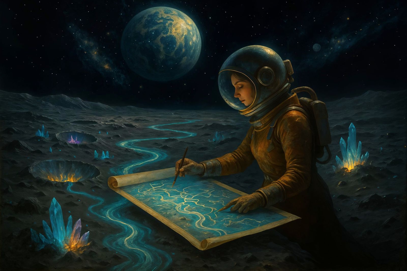 Lunar Cartographer in Dreamlike Cosmic Art Style