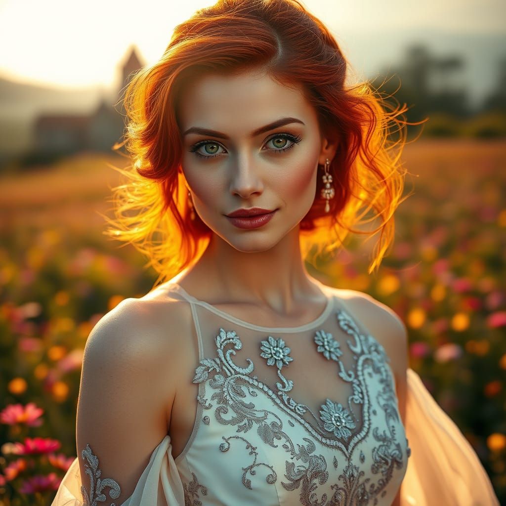 Glamorous Portrait of Redheaded Woman in Elegant Evening Gow...