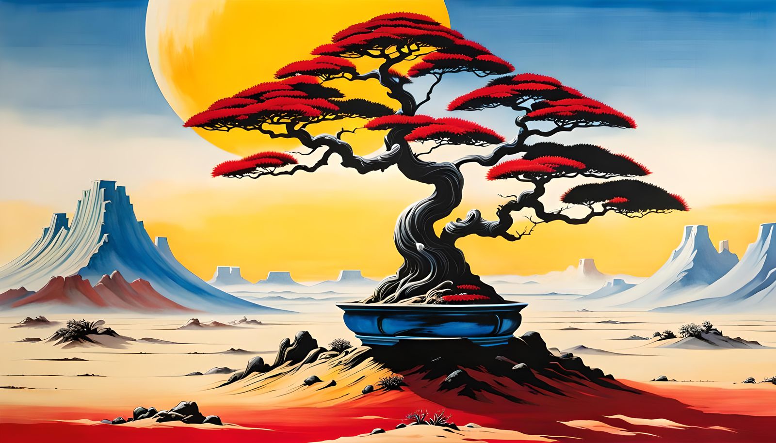 Roger Dean Style Painting Of A Bonsai Tree In The Dessert