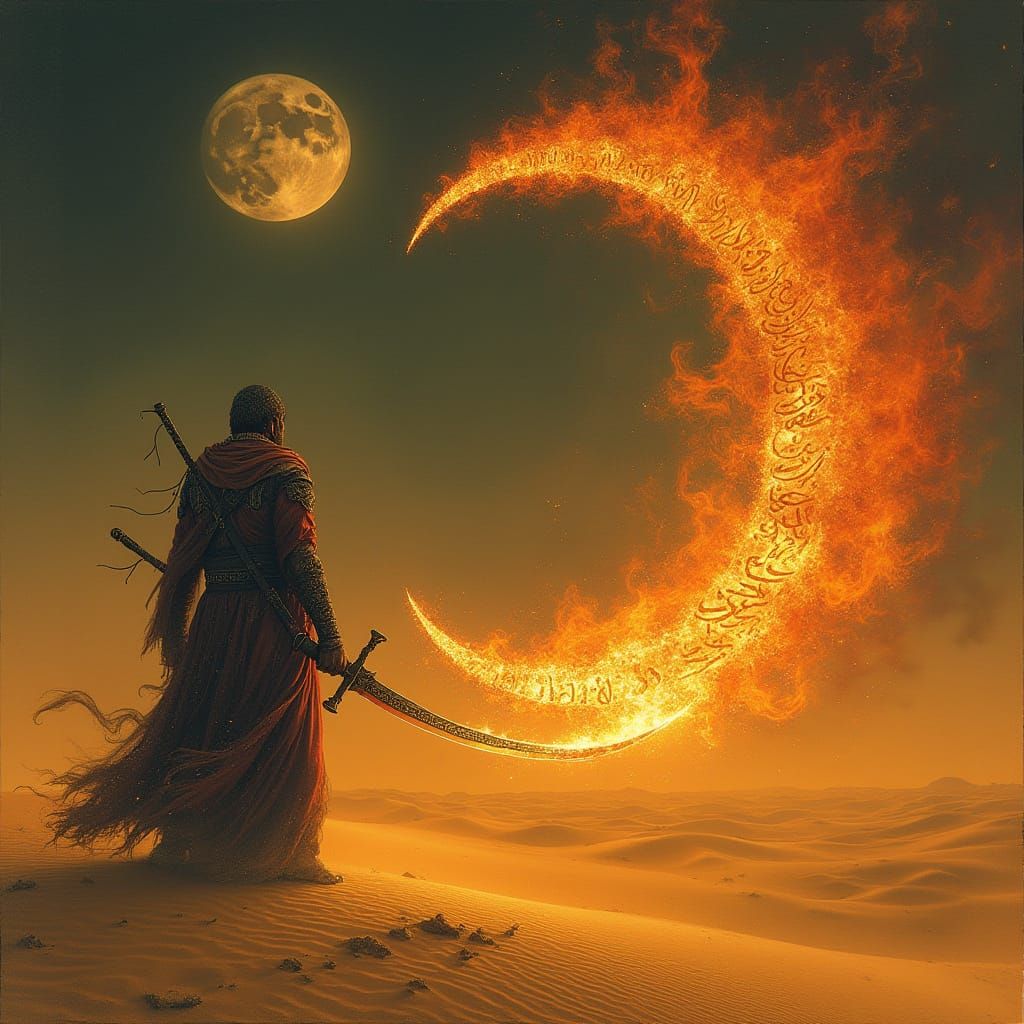Warrior Confronts Majestic Djinn Beasts Under Crescent Moonl...