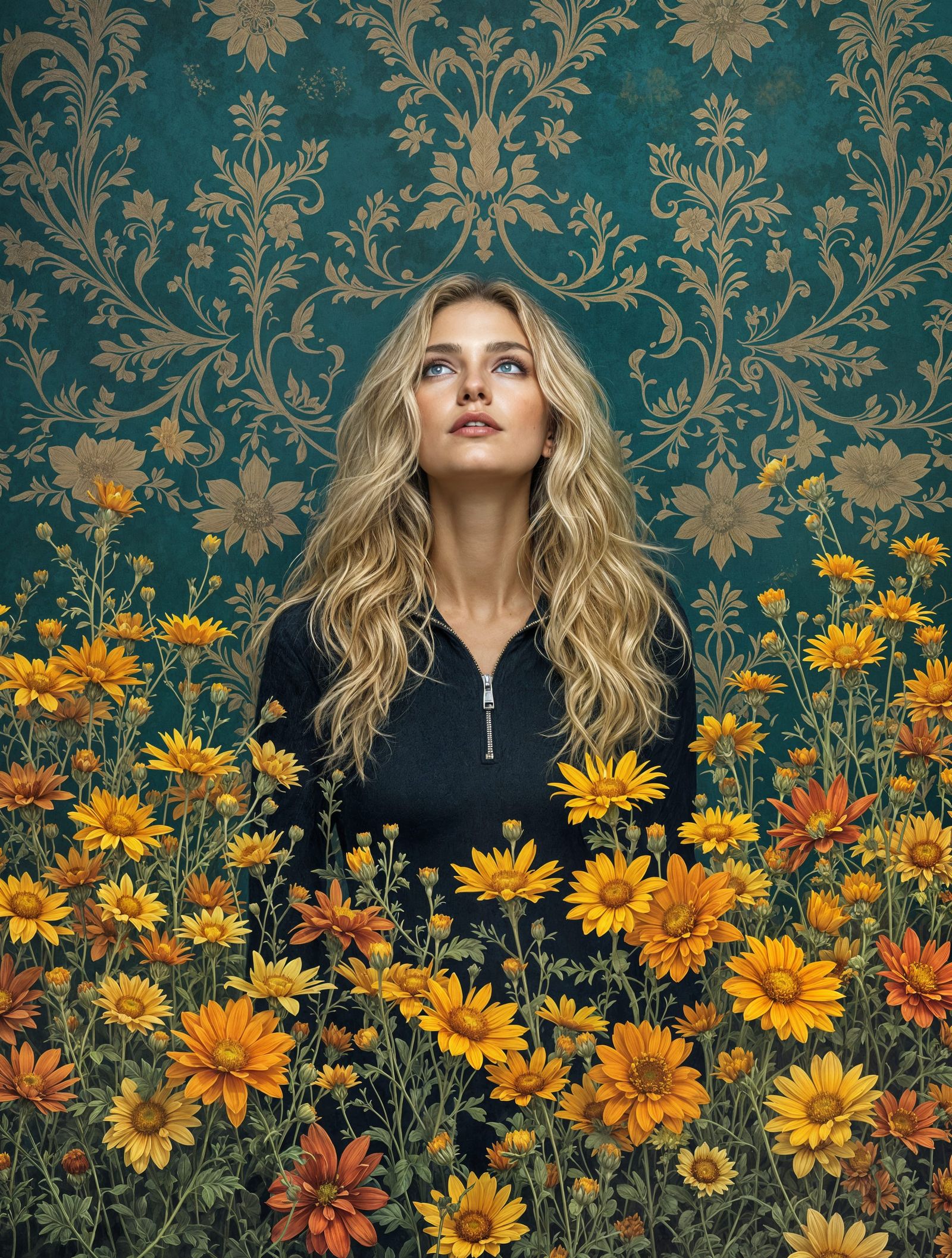 Woman in Wildflowers on Intricate Fabric