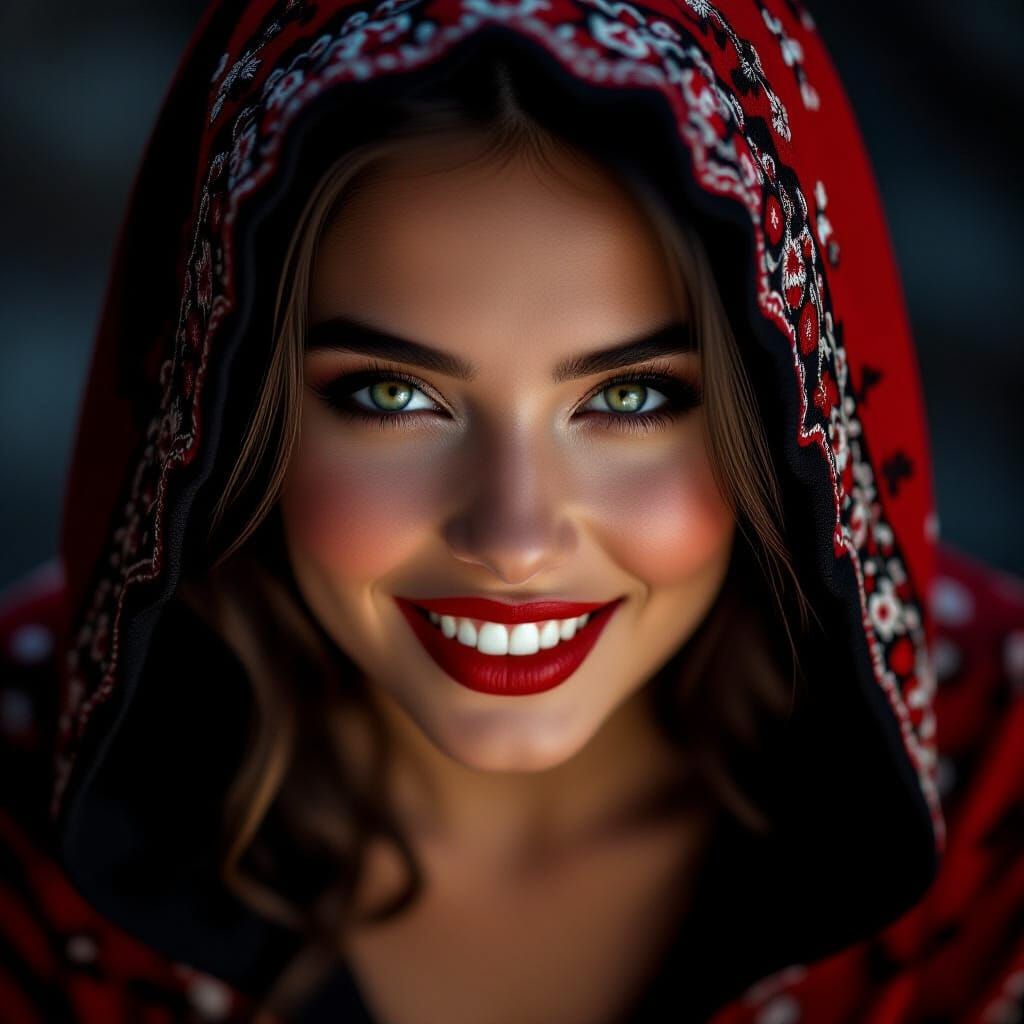 Young Woman in Vintage Embroidered Hood, Dramatic Lighting