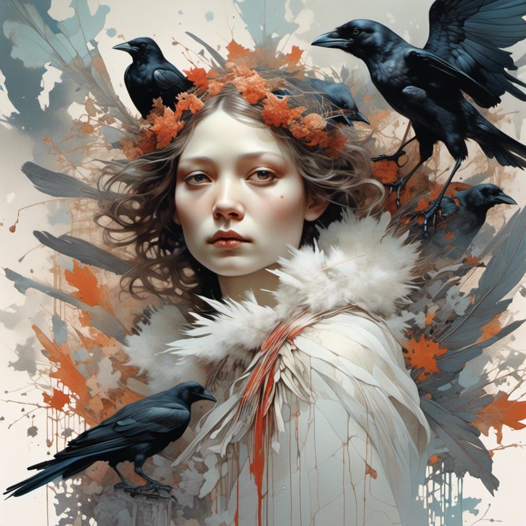 Crows and Goddess in Art Nouveau Style