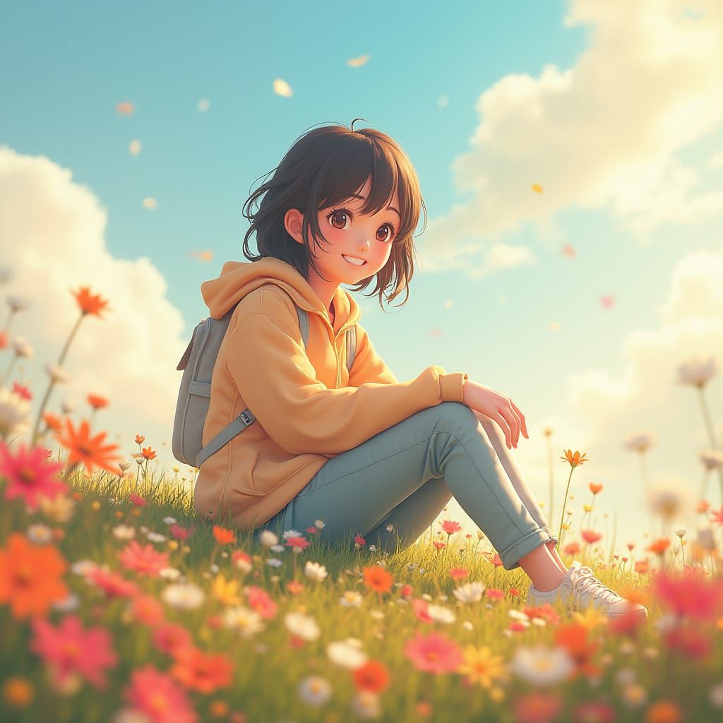 Serene Anime Goddess Surrounded by Vibrant Blooms