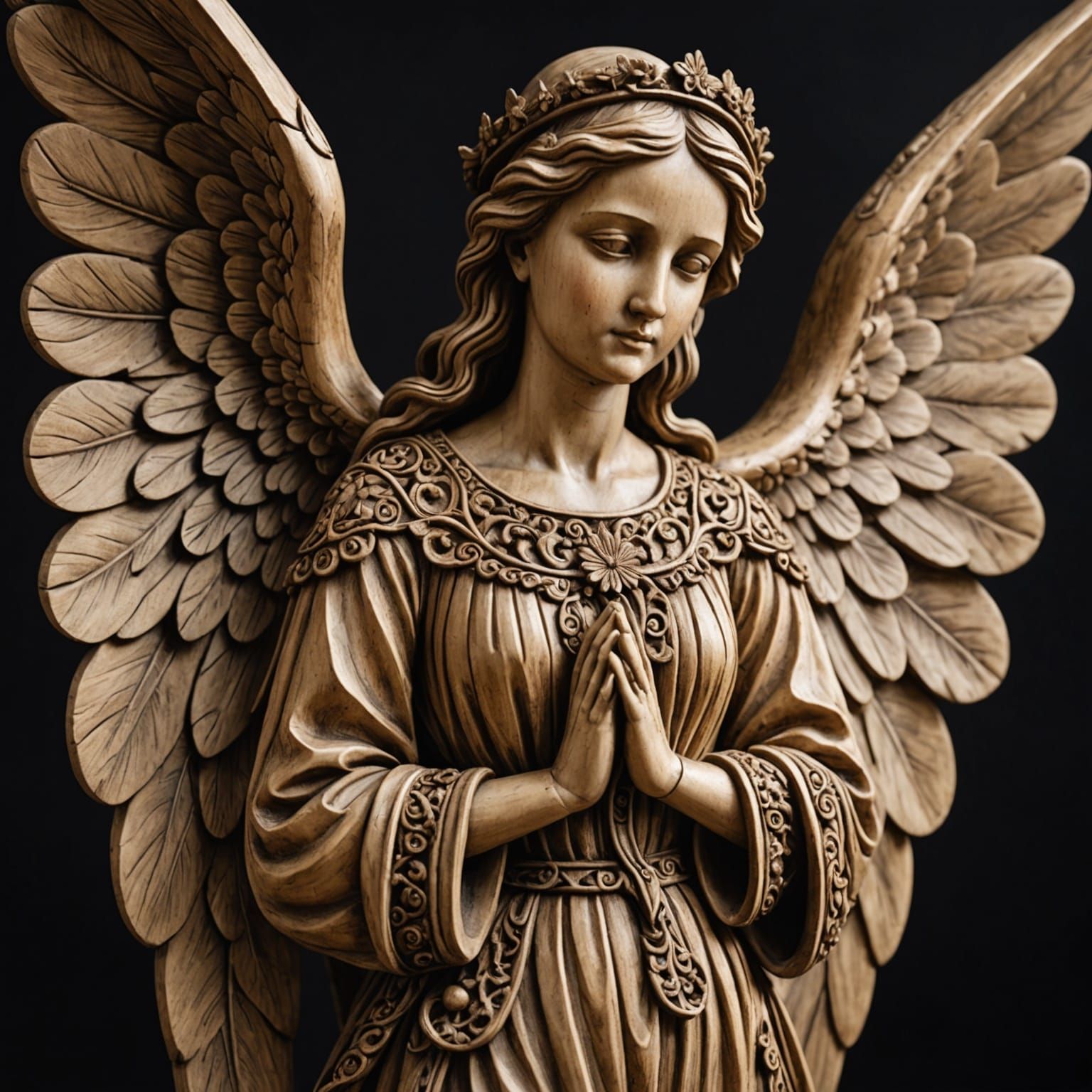 Intricate Wooden Angel Statue: A Realistic Carving