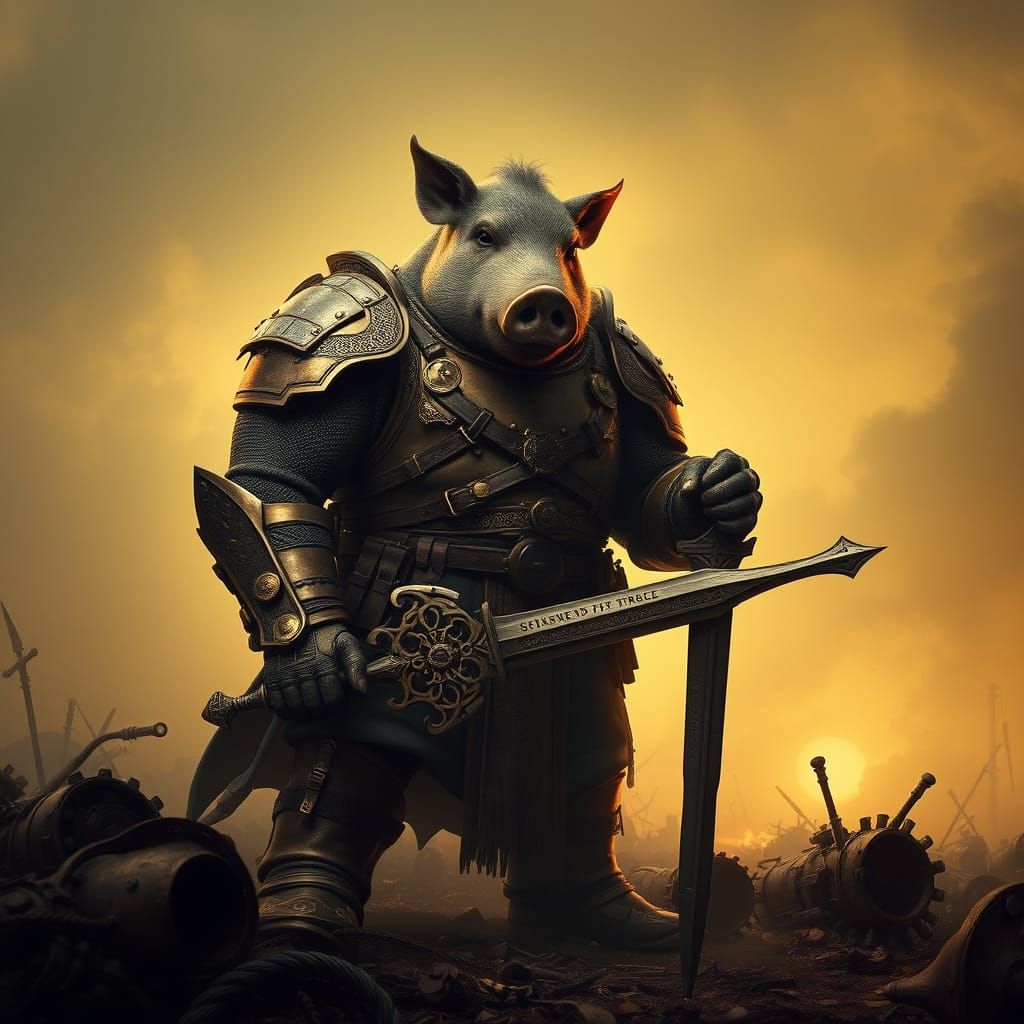 Gritty, Industrial Warlord in Brass Armor Stands Amidst Ruin...