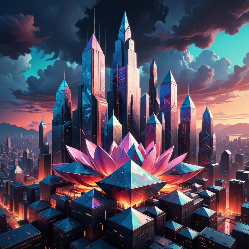 Cubist Futuristic Cityscape with Geometric Shapes and Neon L...