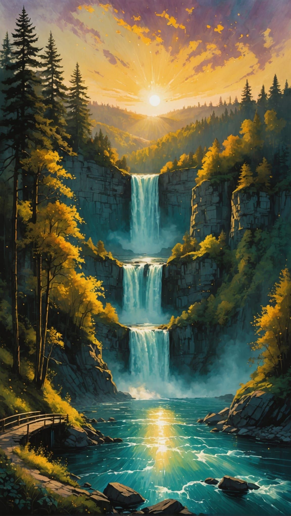 Fantasy Waterfall Painting with Golden Sparkles