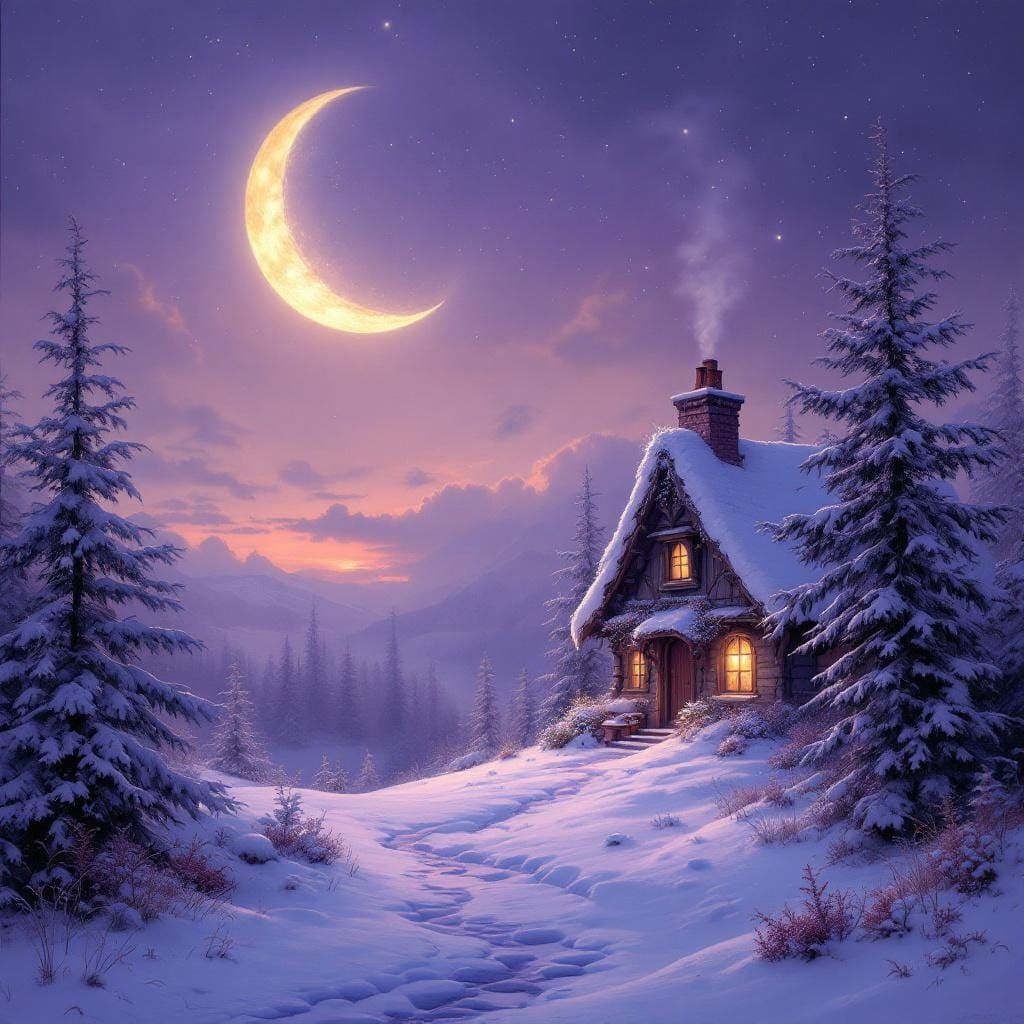 Winter Hut Under Crescent Moon in Ethereal Style