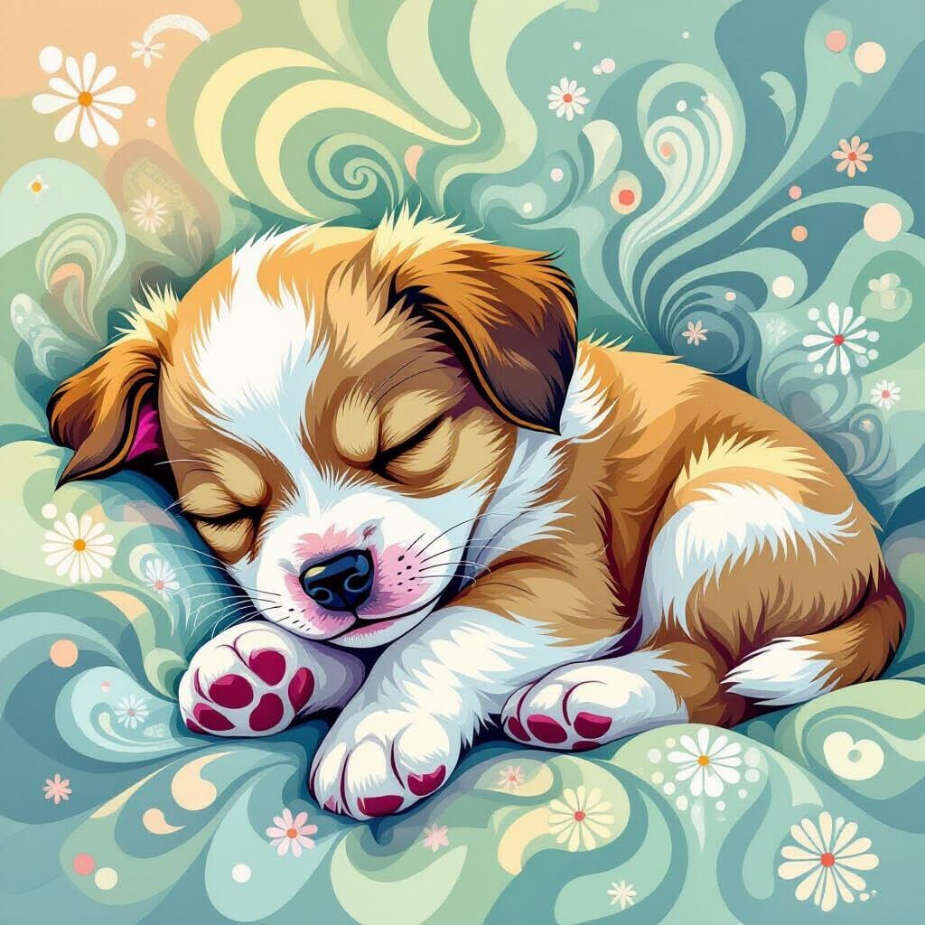 Adorable Sleeping Puppy with Fractal and Zentangle Elements