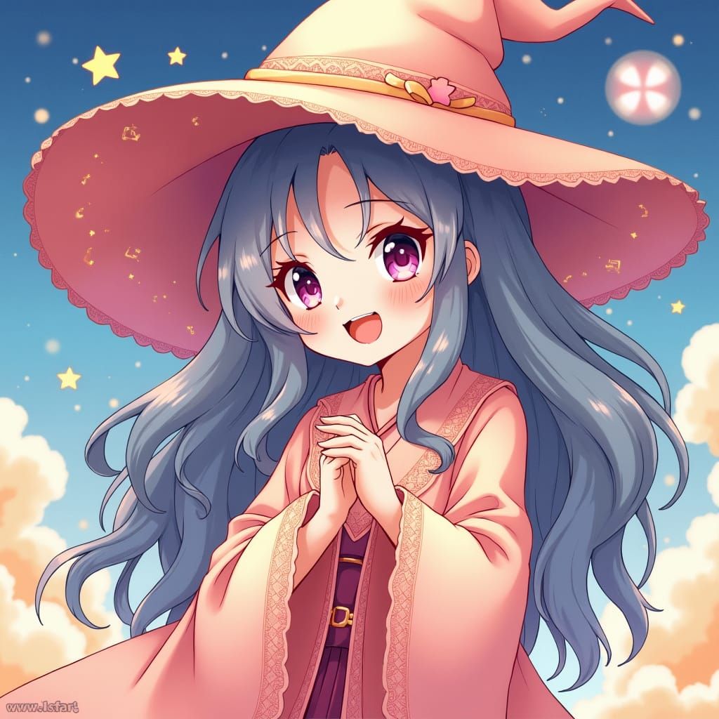 Cute Witch with Star Hat in Anime Style