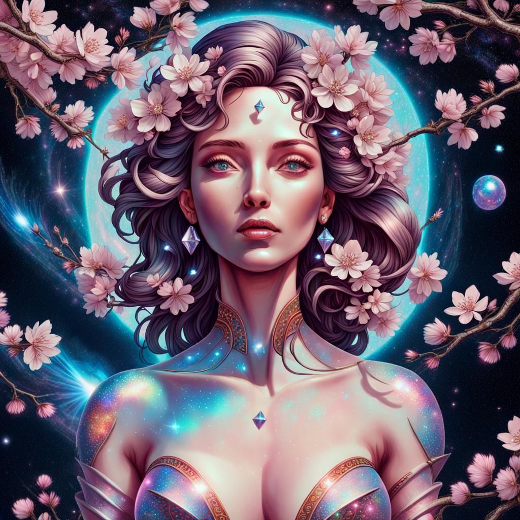 Cherry Blossom Woman in Space, Holographic Illustration