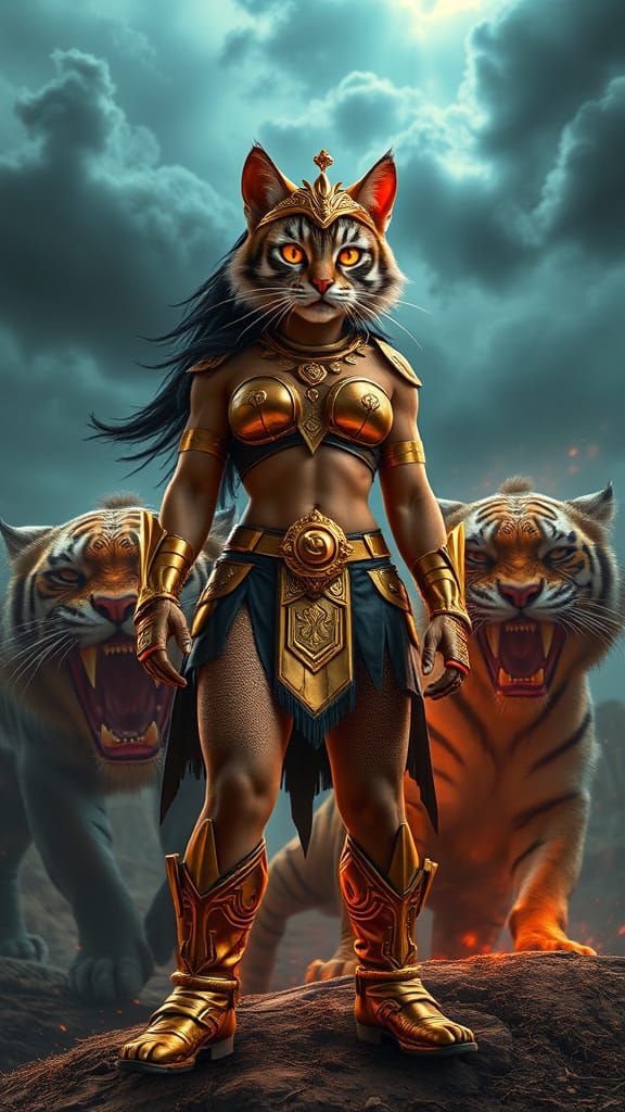 Synthwave Cat Warrior Triumphant on Battlefield