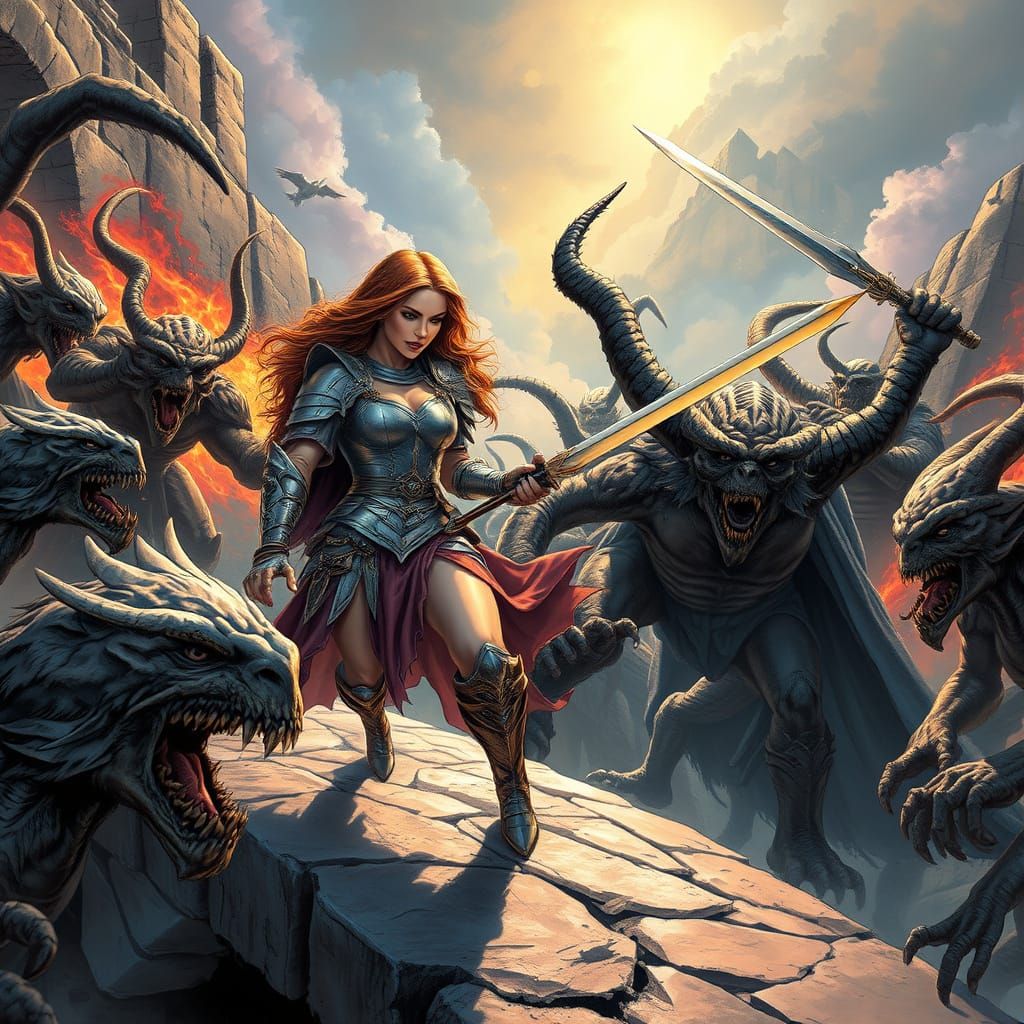 Epic Warrior Defends Ancient Bridge from Demonic Horde