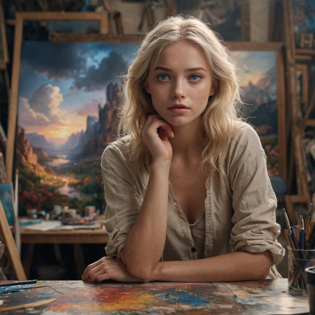 Blonde Girl in Art Studio: Digital Matte Painting