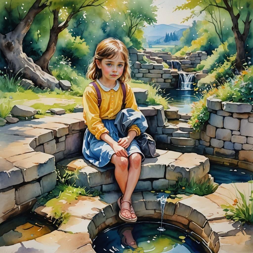 Girl Resting: Oil and Watercolor Landscape