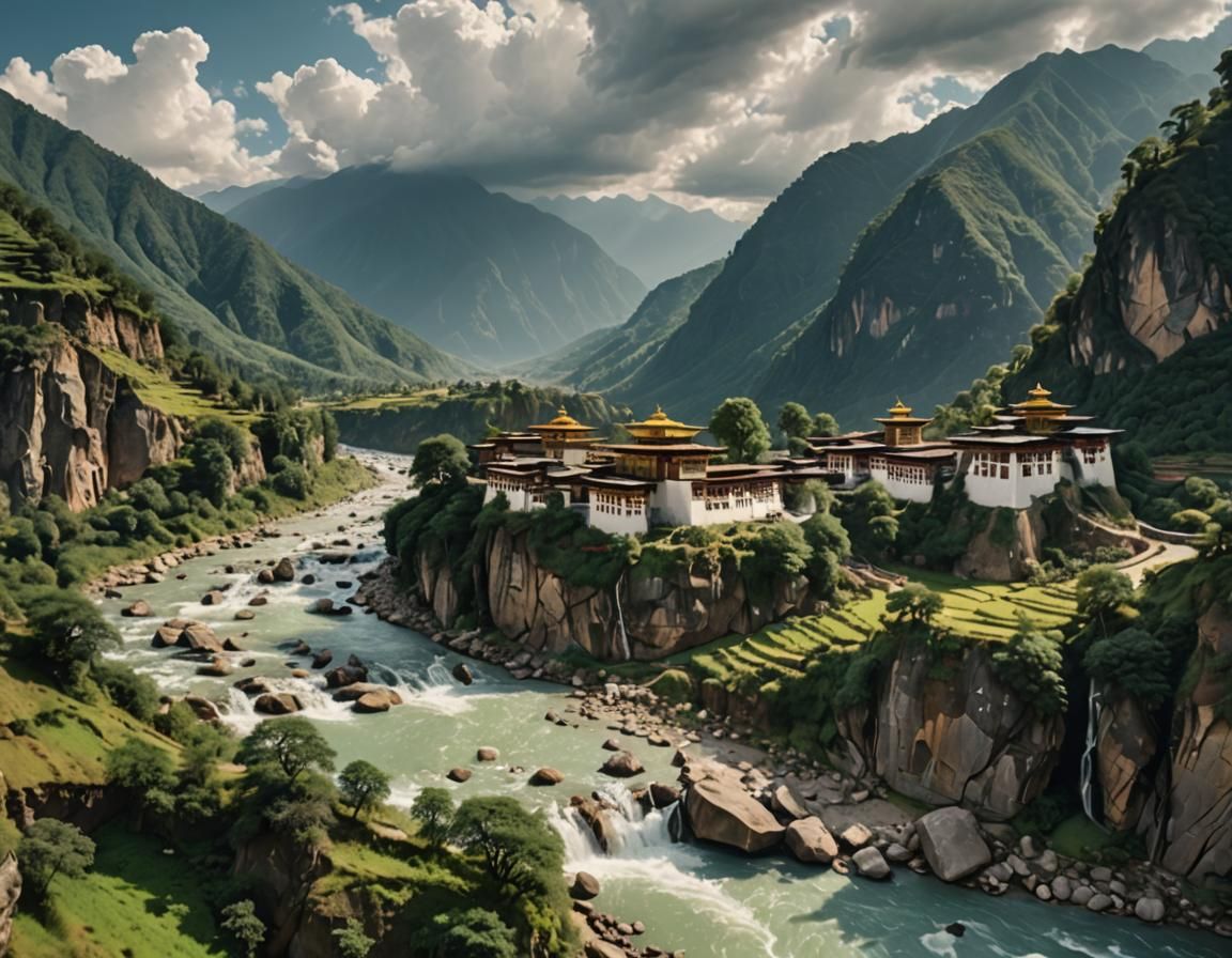 Serene Mountain Landscape with River and Waterfalls