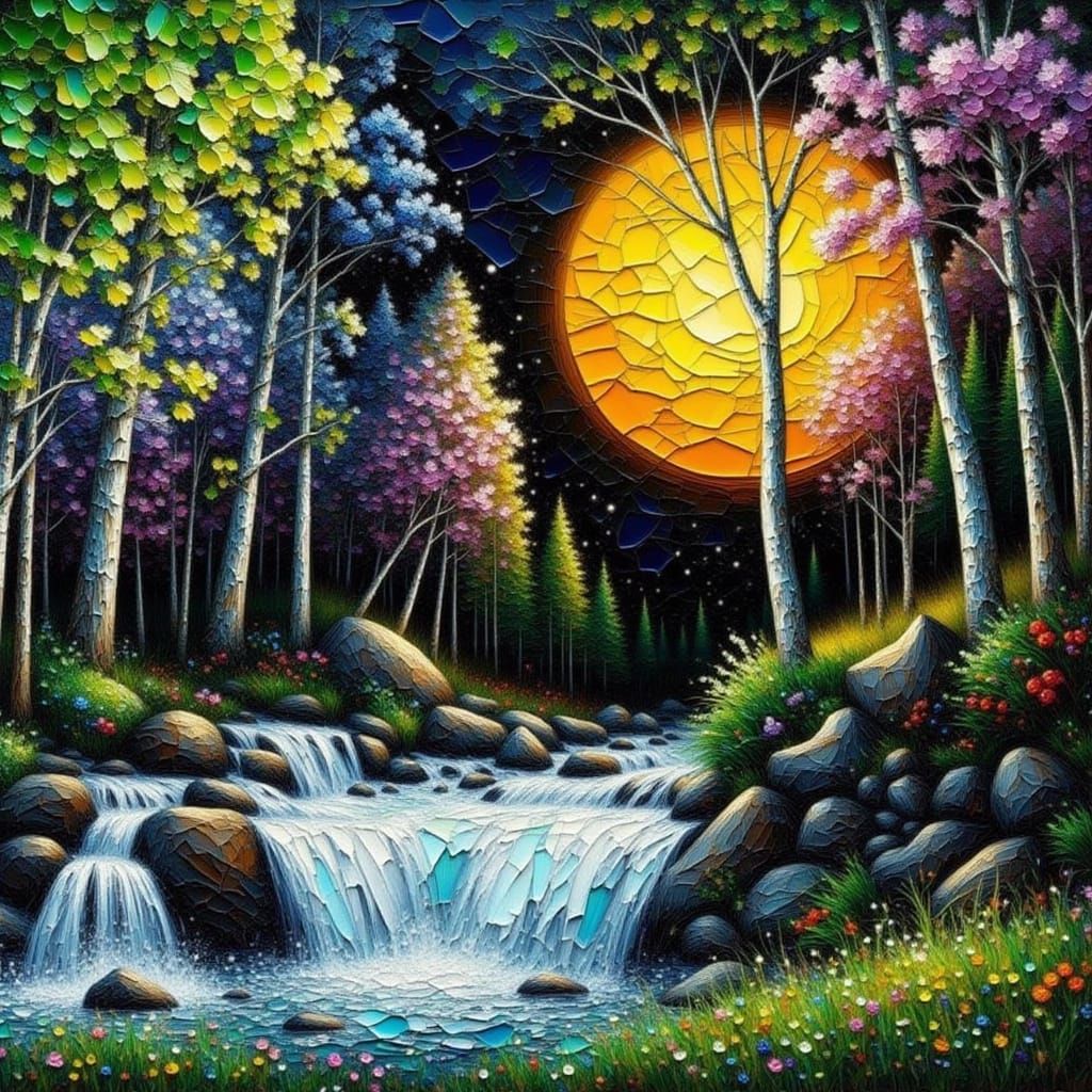 Hyper-Realistic Waterfall in a Misty, Moonlit Forest