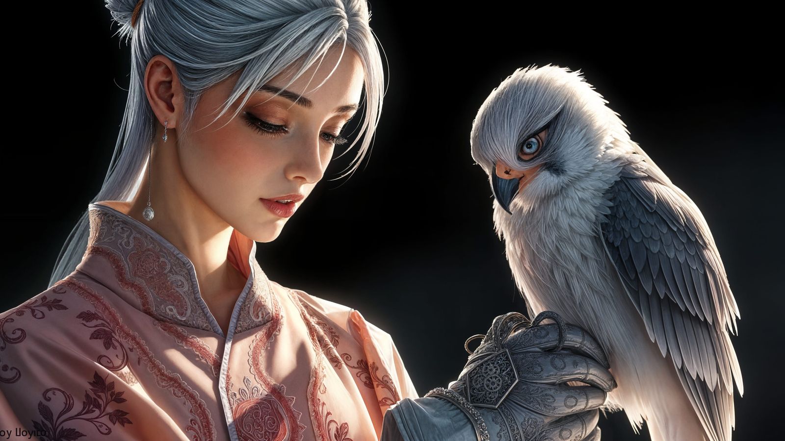 White-Haired Girl in Silk Tunic, Detailed Image