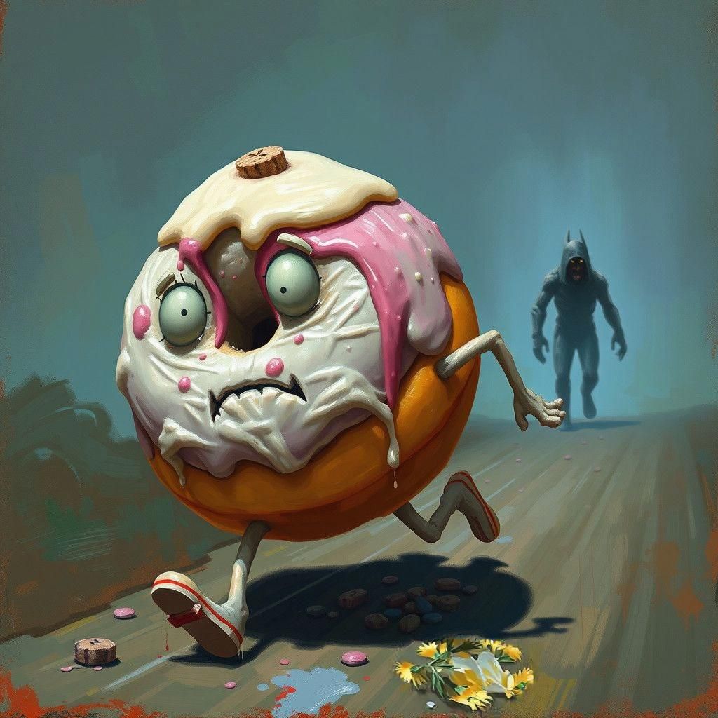 Creepy Cute Zombie Donut Running, Oil Painting