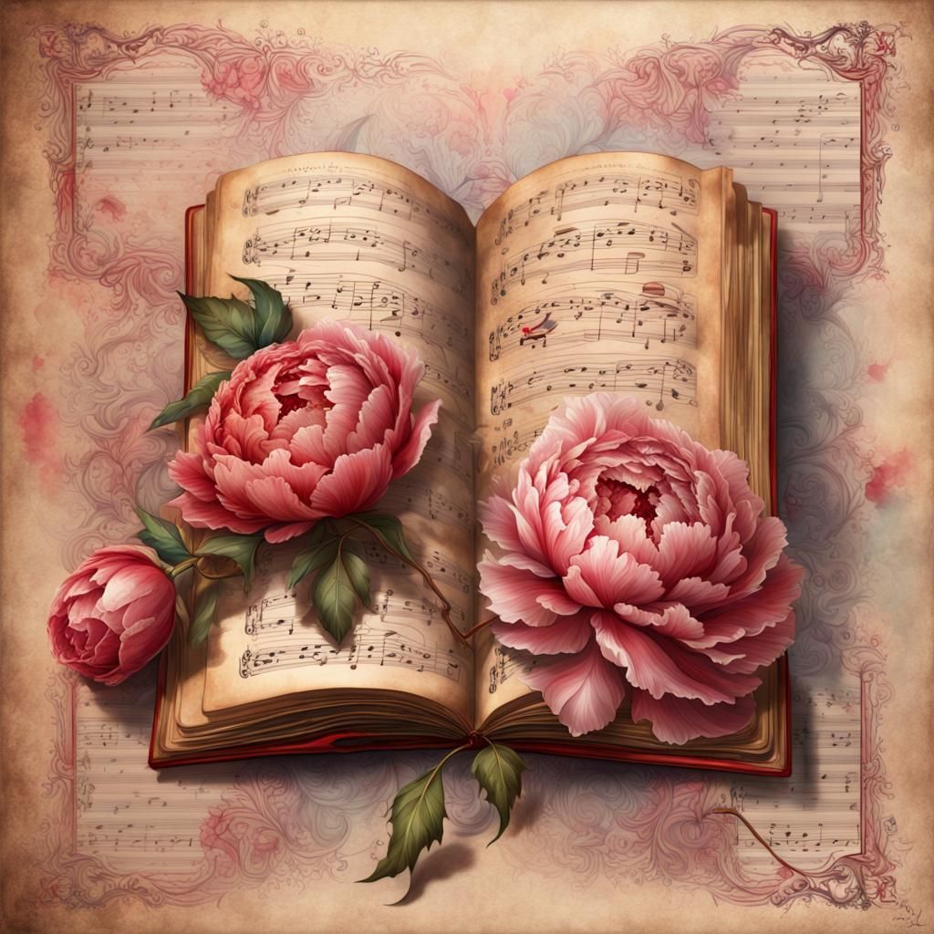 Floral Rococo Newspaper with Peonies in Watercolor